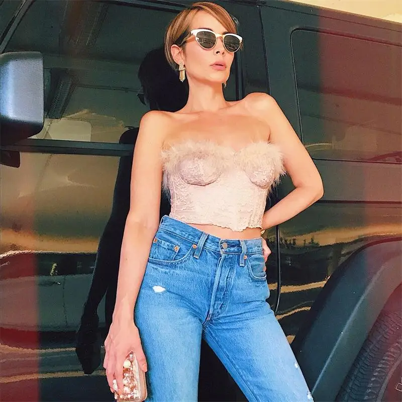 InstaHot Summer Lace Fur Pink Strapless Crop Tops Women Underwire Elegant Tube Tops Ladies Cute Camisole Corset Basic Top Skinny