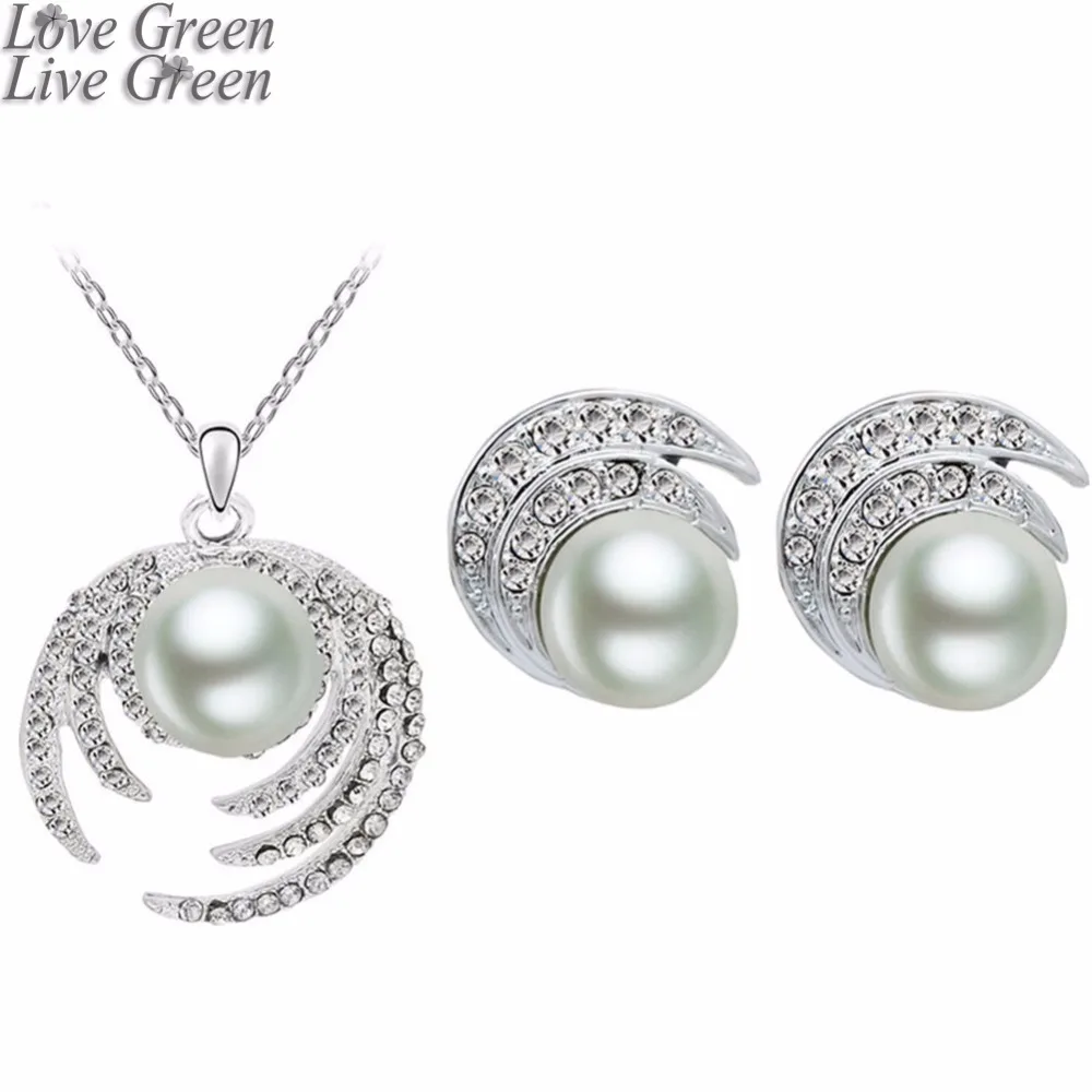 

2017 bridal women fashion birthday gift party white gold color Simulated Pearl pendant Necklace Earrings Jewelry sets 81005