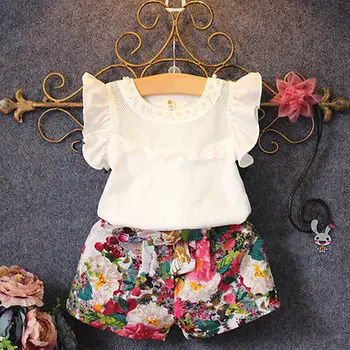 

2PCS Kids Baby Girls Short Sleeve T-shirt Tops Pants Sets Clothes Summer Ruffles Tops Floral Shorts Outfits Clothes Set