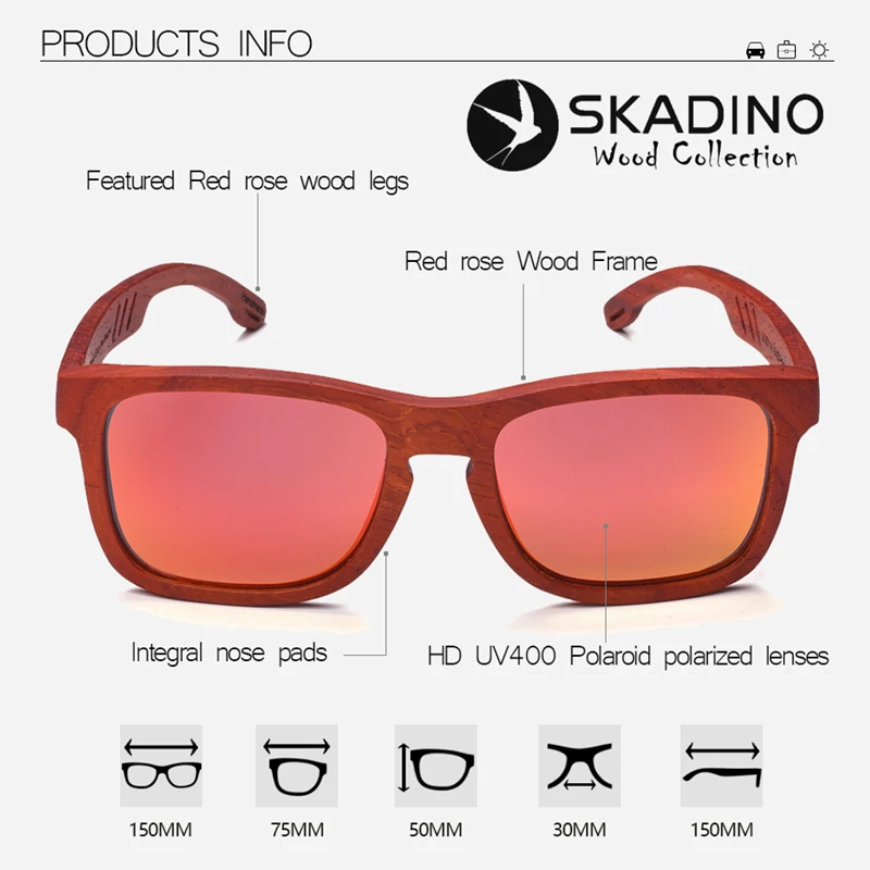 SKADINO UV400 поляризационные красные розовые полностью деревянные солнцезащитные очки модные солнцезащитные очки для женщин и мужчин с серыми линзами ручной работы крутой бренд