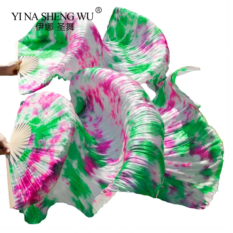 Silk Tie Dyed Belly Dance Fans 180/230x90cm Bamboo Ribs Long Silk Fans Dance Practice Stage Performance Show Mixed Color