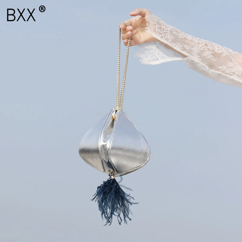 

[BXX] 2020 Spring Summer New Woman Silver Color Luxury Feather Tassel Single Chain High Quality Cowhide Lantern Handbag LM337