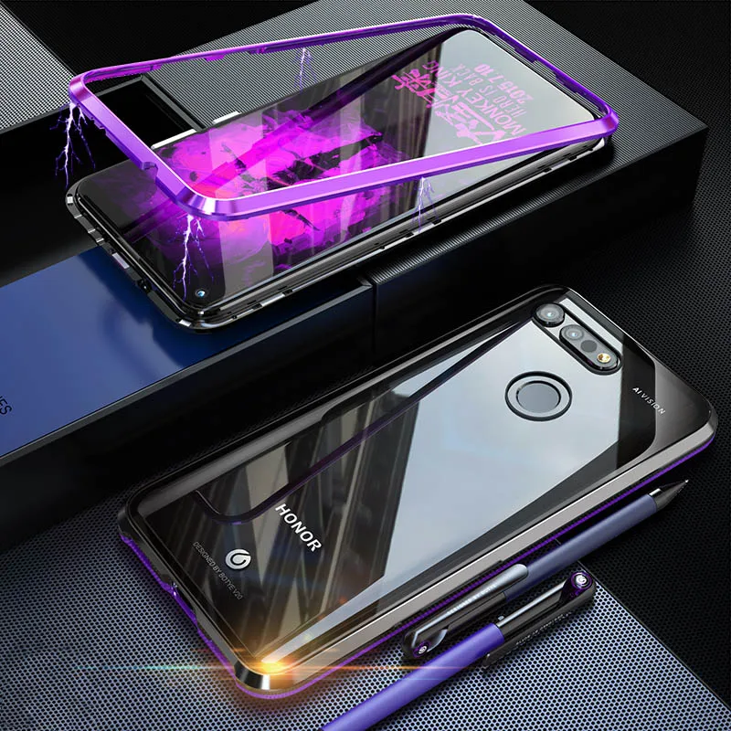 Магнитный чехол для huawei Honor вид 20 чехол рамка из металлического сплава закаленное Стекло Прозрачная крышка для Honor V20 - Цвет: Black Purple