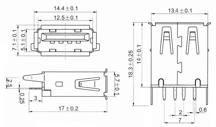 USB A female connector with vertical solder pins - Electronic component