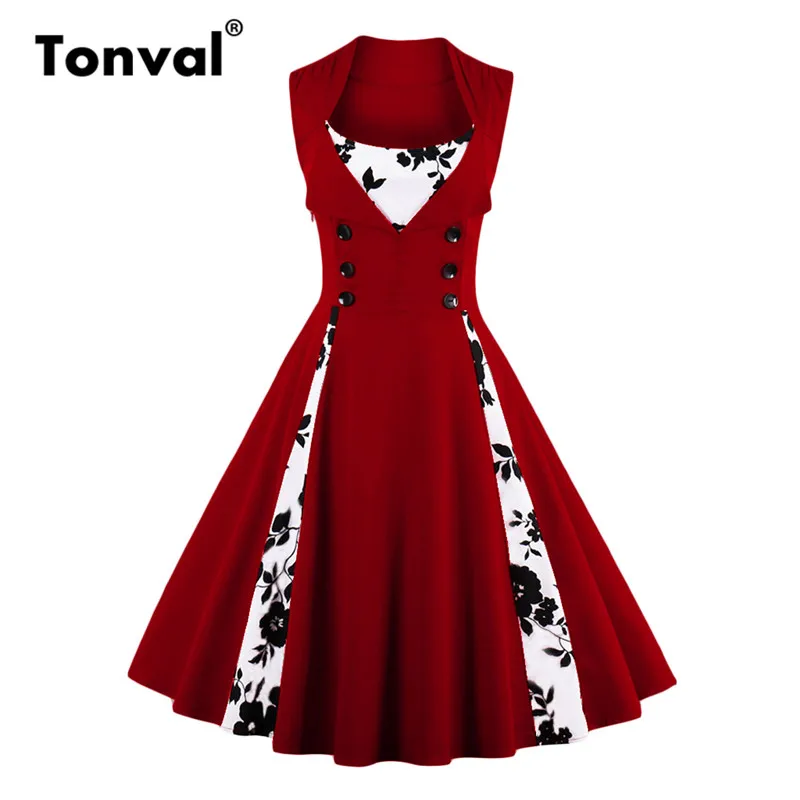 Tonval 5XL размера плюс винтажное рокабилли розовое платье женское цветочное контрастное платье элегантное платье-туника на пуговицах свободное платье - Цвет: Burgundy red