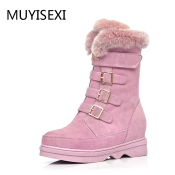 

Snow Boots Womens Winter Genuine Leather Rabbit Fur Boots Zipper Flat Height Increase Winter Boots Pink 34-40 LM01 MUYISEXI