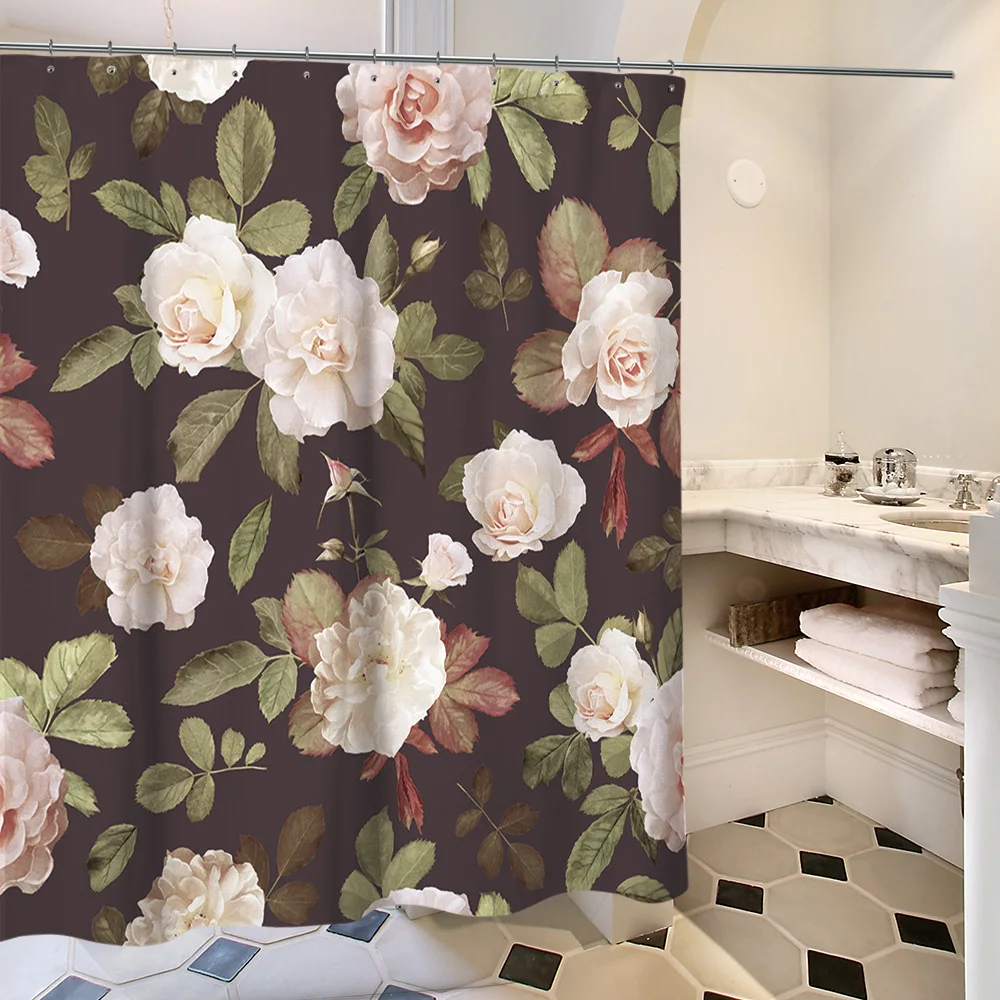 

Natural Flower Printed Washable Waterproof Shower Fabric Polyester Mildewproof White Bath Shower Curtain with Hooks for Bathroom
