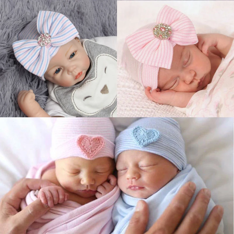 

Winter Spring Bowknot Baby Hat Striped Baby Girl Hospital Hat Warm Knit Baby Beanie Cap Newborn Photography Props Bonnet Enfant