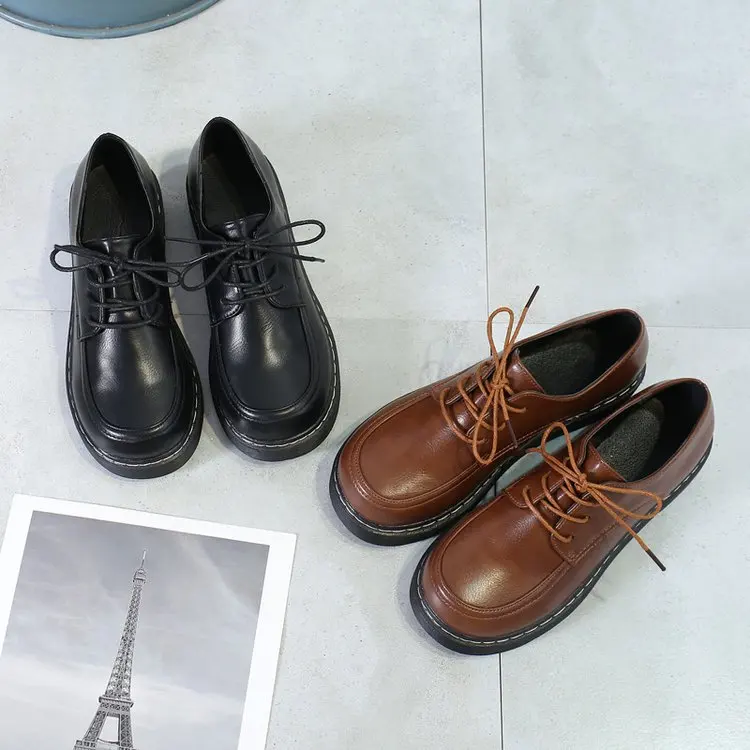 Pequeños Cabeza Las Cuero Suela Plana La Academia Británico Mujeres Encaje marrón Viento Ocio Zapatos Primavera Único Redonda 2019 Negro De qIdxwpPqC