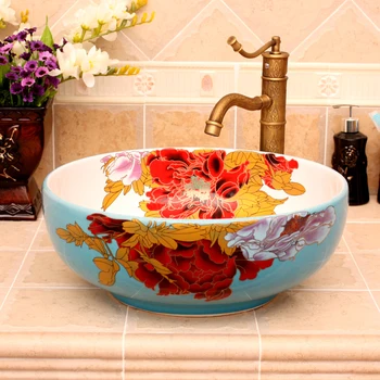 

Home & Hotel Decor Artistic China Painting cordate telosma Ceramic Art Bathroom Vessel Sinks Round counter top hair wash basin
