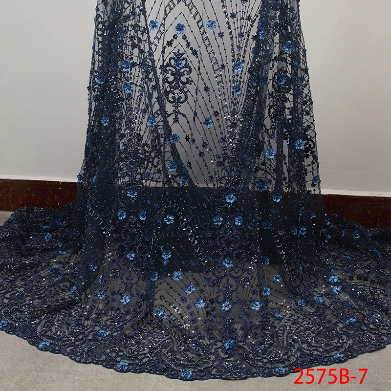

French Embroidery Tulle Net Lace Fabric Flower Pattern Bead Embroidered Fabric Handmade Embriodery Lace QF2575B-7
