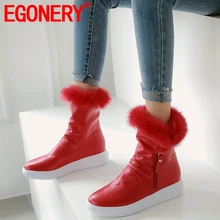 EGONERY/уличные зимние сапоги; женская обувь на плоской платформе; Прямая ; очень теплые плюшевые зимние ботильоны с круглым носком; цвет белый, черный, красный