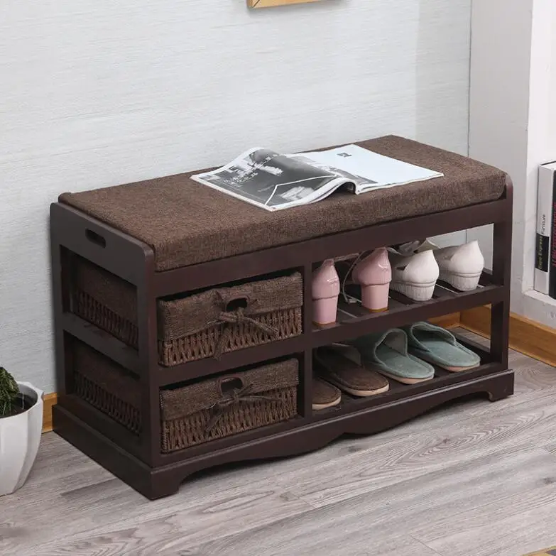 Contemporary Wooden Shoes Organizer Storage and Holder Bench with Soft Seat Cushion for Home Entryway, Hallway Shoe Rack Ottoman