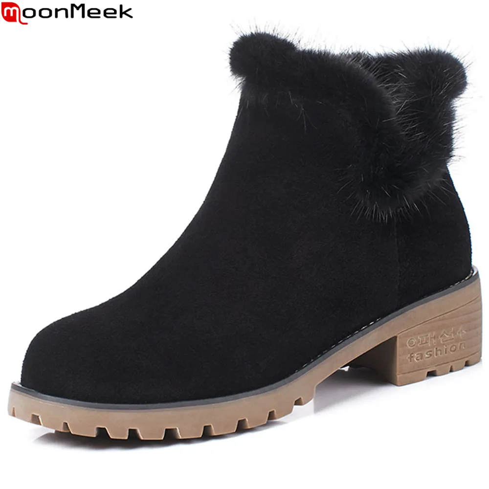 

MoonMeek fahsion new arrive women boots black zipper cow suede boots round toe autumn winter ankle boots square