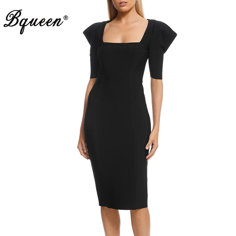 

Bqueen 2019 New Women Sexy Elegant Bandage Short Sleeve Square Neck Knee Length Fashion Long Zipper Lady Bodycon Dress