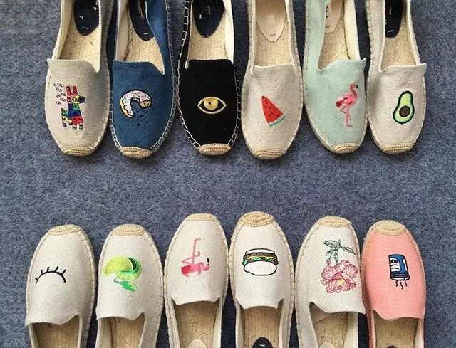 2018 New Arrival Blue Flamingo Embroider Comfortable Ladies Womens Casual Espadrilles Shoes Breathable Flax Hemp Canvas