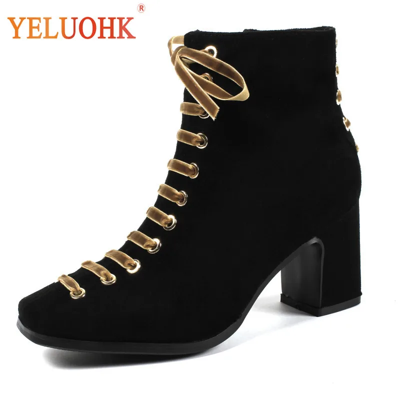 

34-42 Natural Suede Women Winter Shoes Heel 7 CM Women Winter Boots Plush Warm Ankle Boots For Women Black