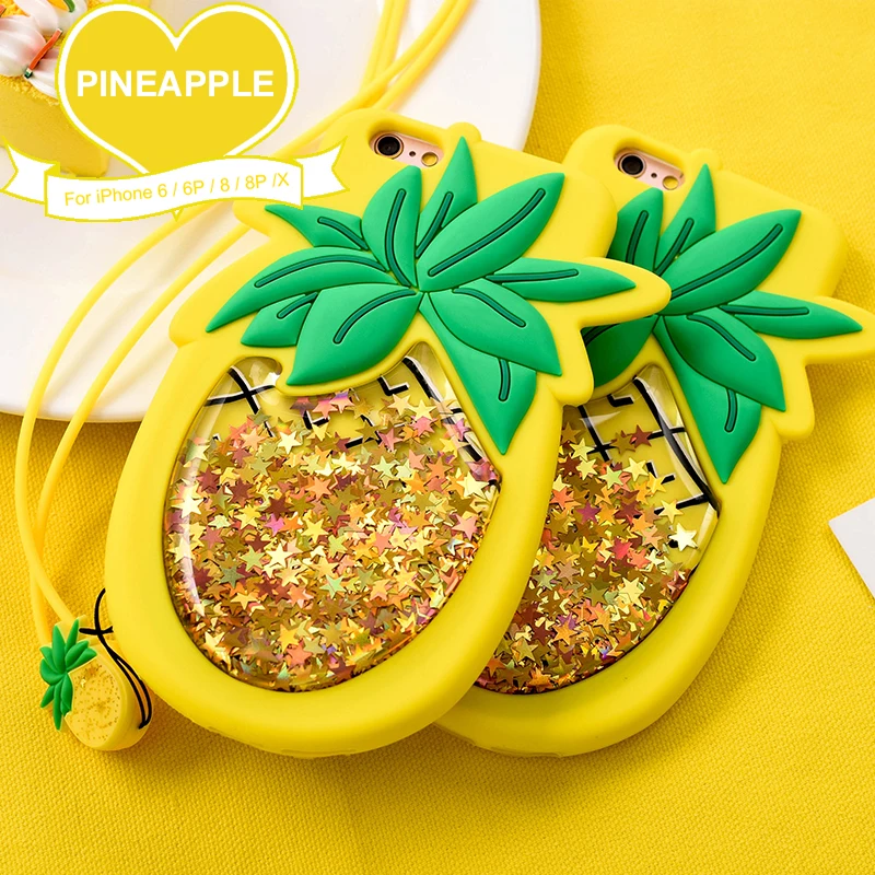 

PORTEFEUILLE for iphone6 6s plus cartoon silicone case for iphone7 8 plus X XS case glitter liquid Pineapple lanyard shell cover