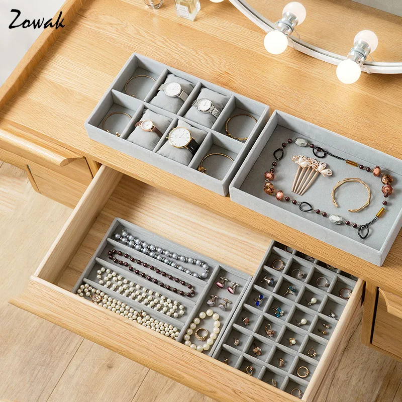 

Grey Velvet Earring Jewelry Display Showcase Organizer Holder Watch Box Bracelet Ring Storage Case Makeup 28 Grid Necklace Tray