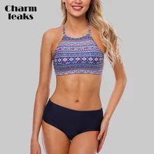 Charmleaks Women Bikini Set Halter Swimwear High Neck Swimsuit Vintage Printed Bathing Suit Beachwear Bikini alluring floral halter neck bikini set for women