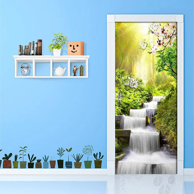 3d креативная дверь наклейка домашний декор холст печать водопад пейзаж Картина самоклеющиеся водоотталкивающие обои современные стены Искусство