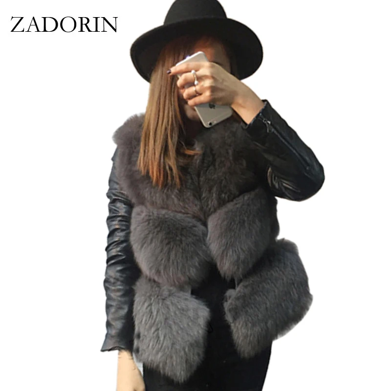 

ZADORIN Autumn Winter Women FAUX Fox Fur Coat With PU Leather Sleeves Short Faux Fur Gilet Jackets manteau fourrure femme Coats