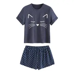 Женская Повседневная летняя футболка с короткими рукавами и принтом кота и шорты, комплект одежды для сна из двух предметов, conjuntos de mujer