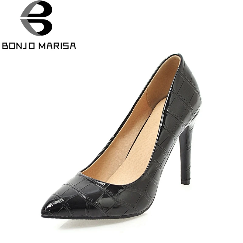 BONJOMARISA Women s High Heels Pointed Toe Patent Party Wedding Office Shoes Woman White Pink Black