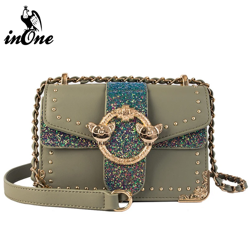 

INONE Summer Sequins Pig Lock Chain Rivets Messenger Shoulder Crossbody Bags for Women 2019 PU Leather Bag Purses and Handbags