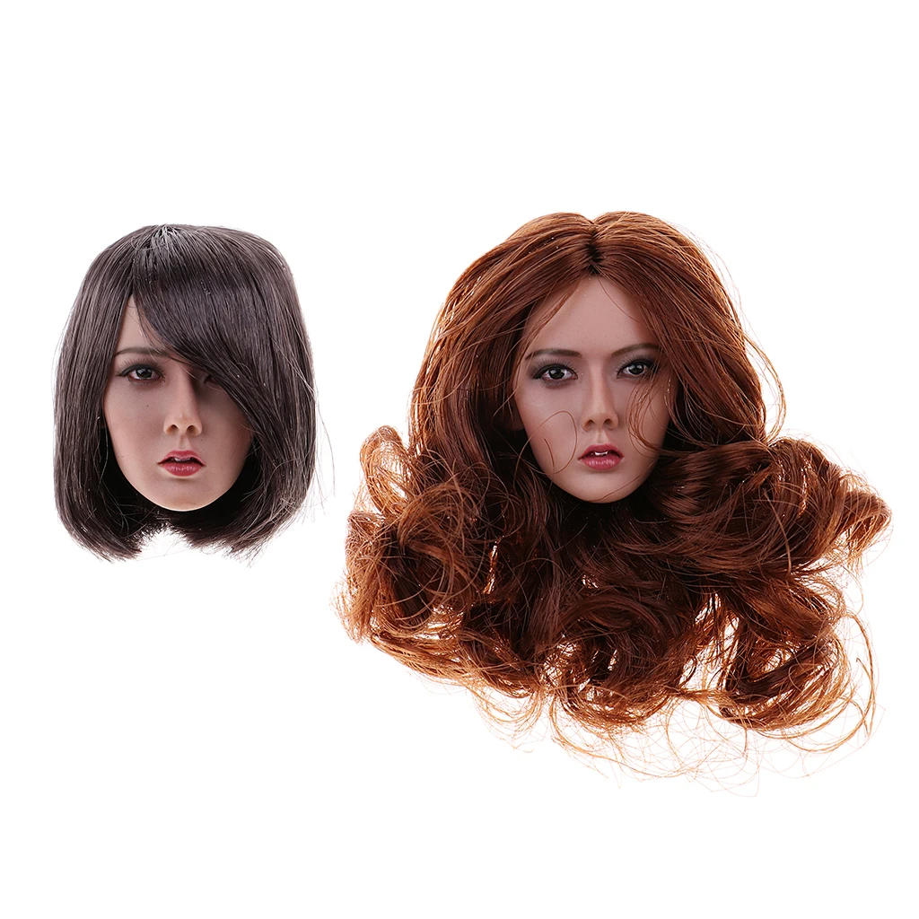 

2 Pieces 1/6 Scale Female Head Sculpt for 12 Inch Head Model Toy - Short Hair & Long Curly Hair