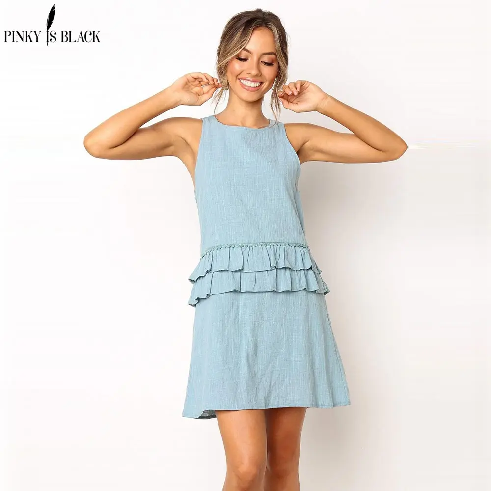

PinkyIsBlack Women Dress 2019 New Arrival Solid Sleeveless Summer Dress O neck Casual Ruffles Loose Mini Dresses Vestidos