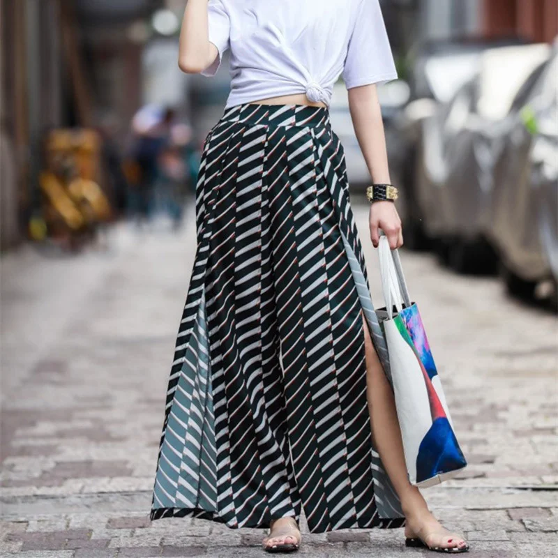TWOTWINSTYLE полосатые широкие брюки для женщин с высокой талией, шифоновые брюки для женщин, Свободные корейские повседневные Летняя мода - Цвет: BLACK pants