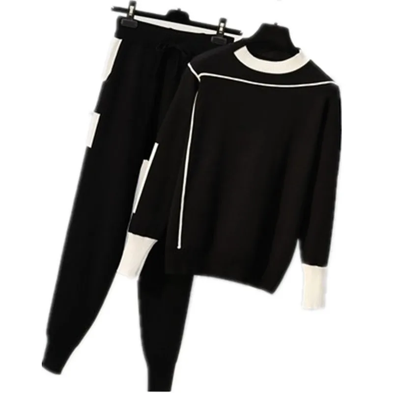 

New winter casual Sportswear two-piece autumn knitted sweater Loose Long sleeve sweater top+pants sets Plus size women suit 376