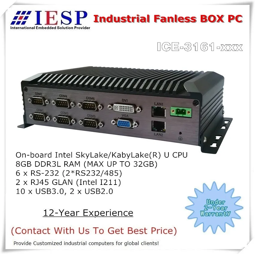

Industrial Fanless Box PC, 6 * RS232, 10 * USB3.0, 2*USB2.0, 2 * I211 GLAN, SkyLake/KabyLake(R) U CPU, industrial computer