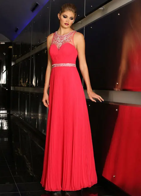 

Charming A-Line Scalloped Neckline Floor Length Beaded Pearls Sashes Prom Gowns Red Chiffon Prom Dress