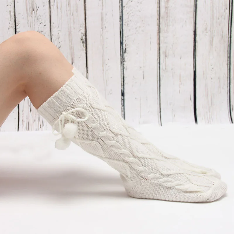 Elegant White Pompom Knitting Warm Socks New 2017 Sexy Female Long Warm Socks Winter Boot for Women Girls Calcetines Mujer