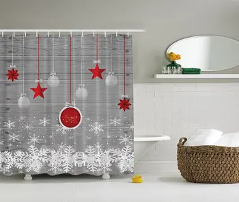 

Red Holiday Star Ornaments and Snowflake & Gray Christmas Fabric Shower Curtain