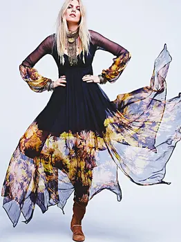 

Women Sexy Boho Long Maxi Dress Summer Long Sleeve Chiffon Evening Elegant Party Dresses Beach Runway Floral Boho Dress