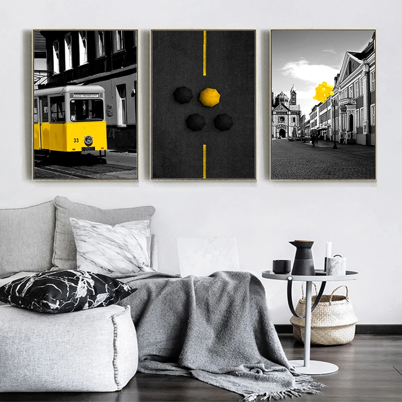 

Black Tone Street Yellow Bus Umbrella Balloon Design Posters Canvas Painting Cafe Home Decor On Canvas Chic Wall Prints Artworks