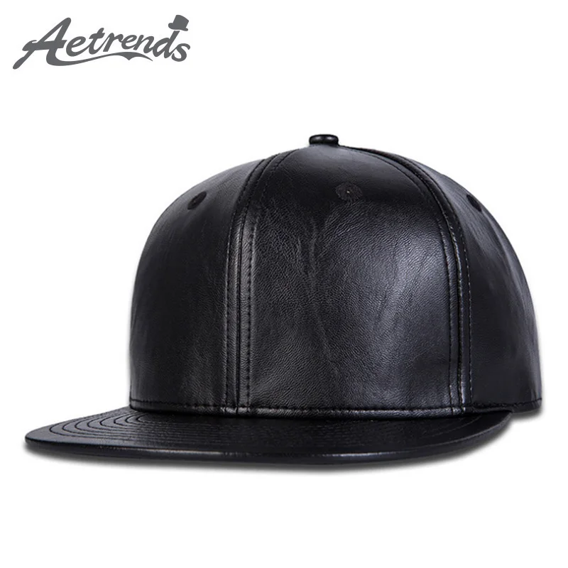

[AETRENDS] Black PU leather baseball cap usa men flat caps snapback hats bone aba reta streetwear leather hip hop hats Z-3491
