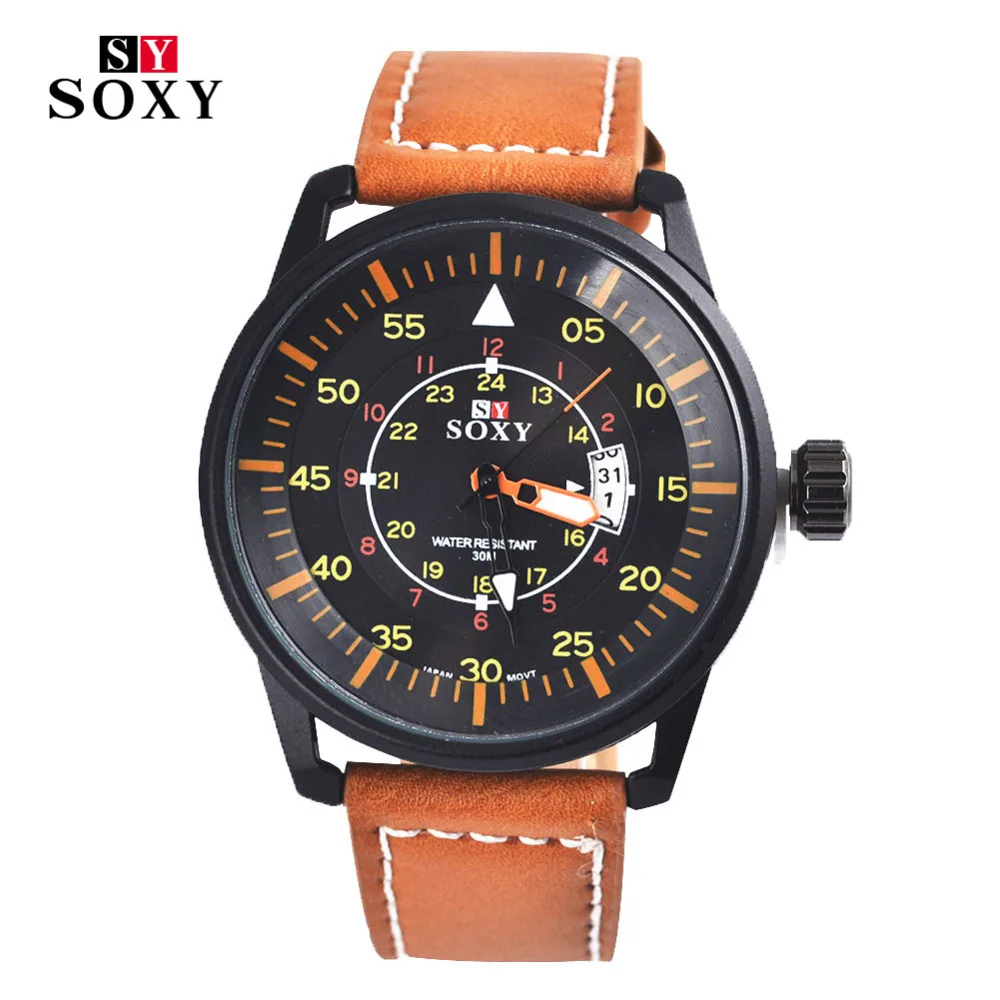 Brand SOXY Fashion Quartz Wristwatch Men Auto Date Military Watches Leather Strap hot sale Watch masculino relojes