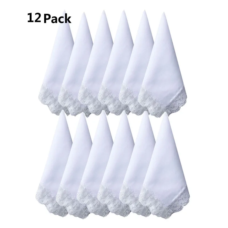 BAIYIXIN дамы 60 S хлопчатобумажные носовые платки женские мягкие однотонные чисто белое кружевное Hankies для свадебной вечеринки 12 шт
