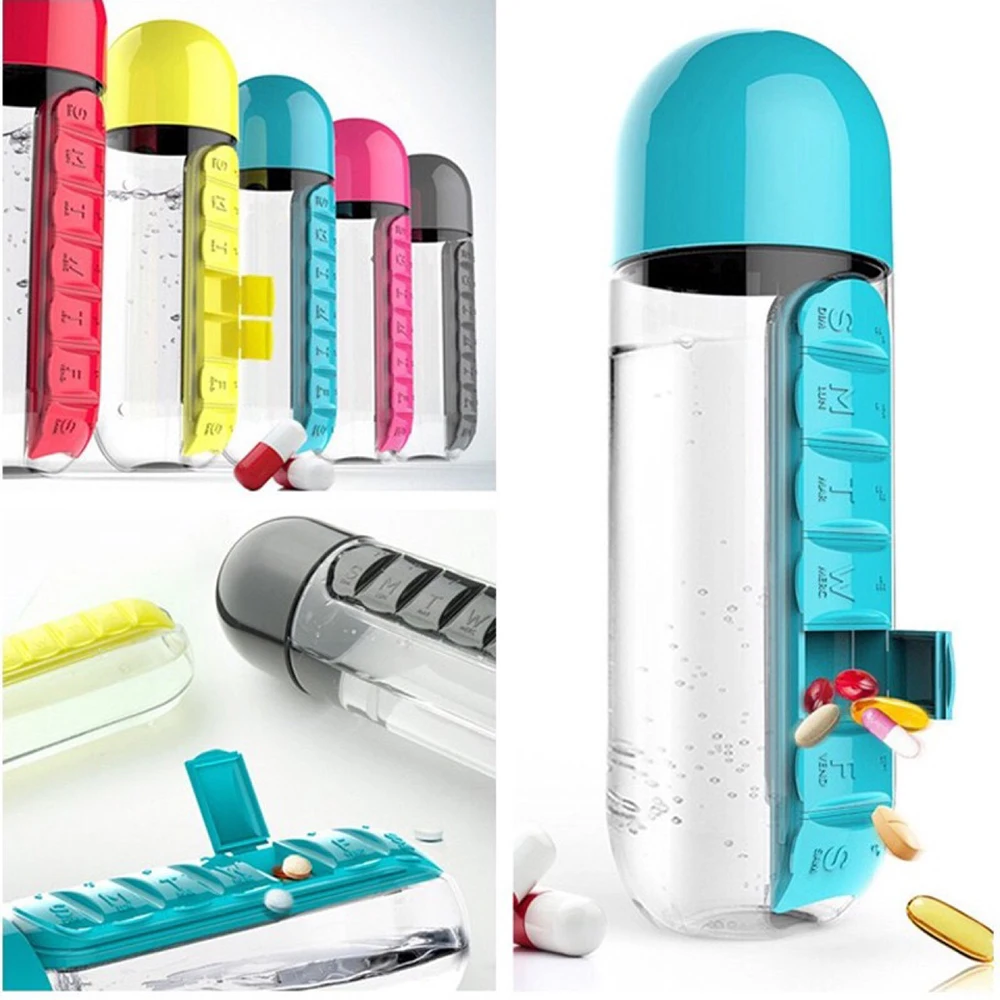 600ML Water Bottle Combine Daily Pill Box Organizer Drinking Bottles