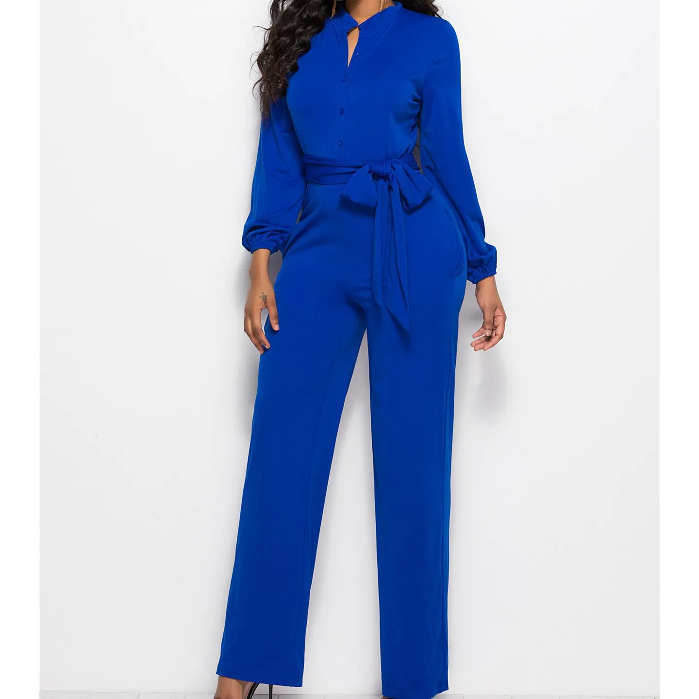 New Solid Long Sleeve Wide Leg Jumpsuits Plus Size Elegant Stand Collar ...