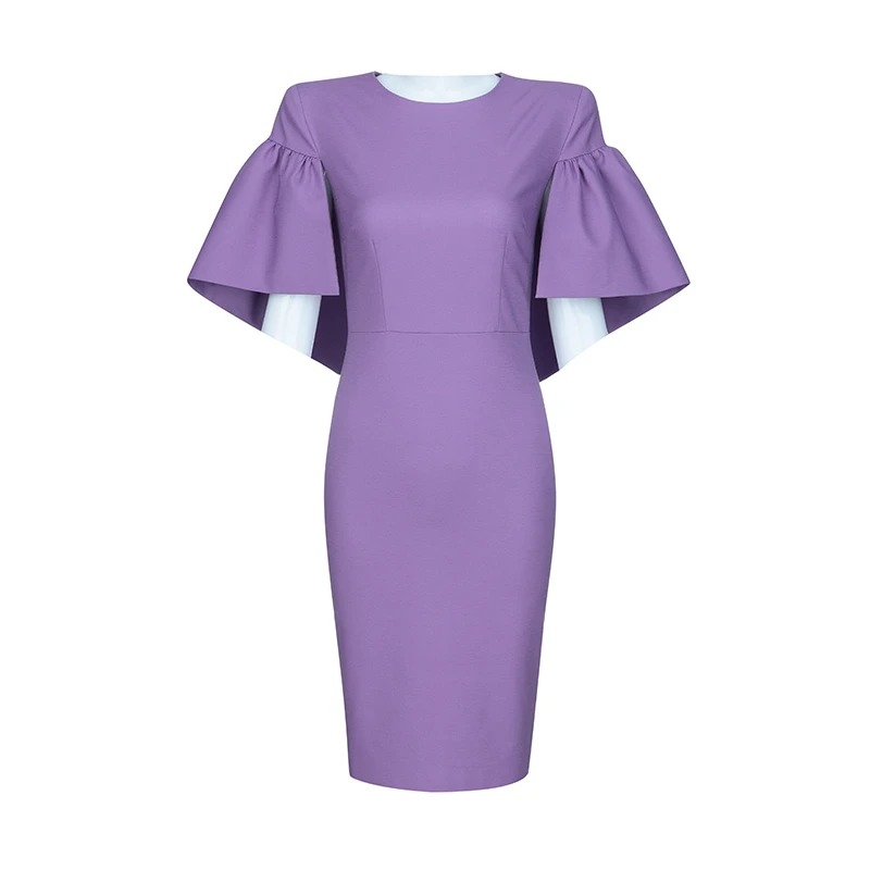 INDRESSME, новинка, модное Клубное платье с круглым вырезом и рюшами, Короткий плащ, рукав, женские вечерние платья, облегающее платье миди, фиолетовое платье для офисных леди - Цвет: Purple