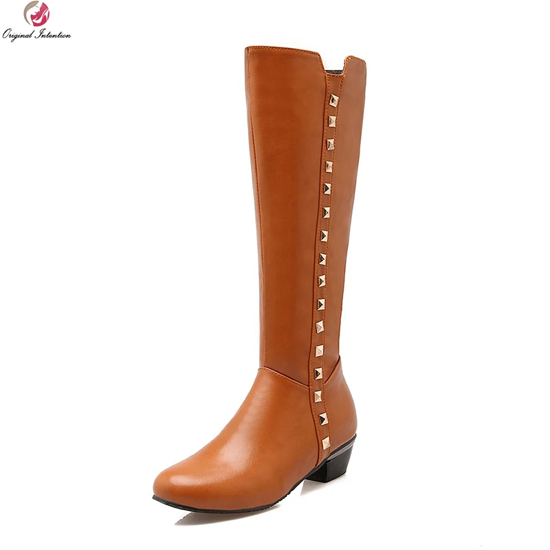 

Original Intention Women Knee High Boots Fashion Round Toe Square Heels Boots Black Grey Brown White Shoes Woman US Size 4-15
