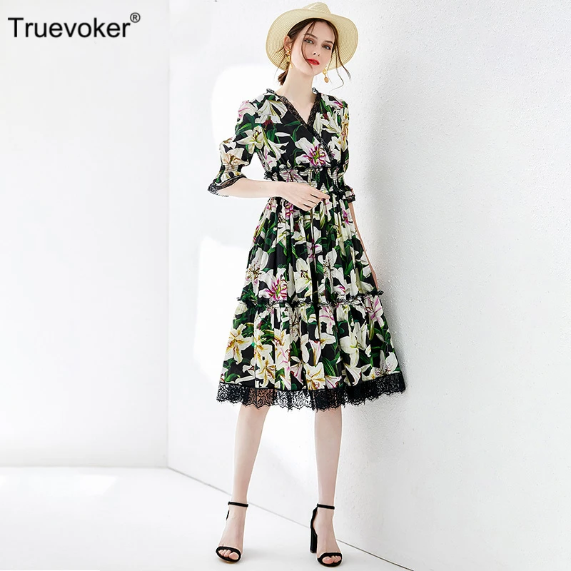 

Truevoker Designer New Arrival Autumn Dresses Women's High End Half Sleeves Lily Floral Printed Cotton Midi Robe Femme Ete