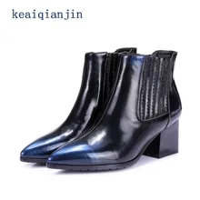New fashion women shoes 2017 real leather pointed toe slip on Casual shoes women high heeled ankle boots blue winter boots 34-39
