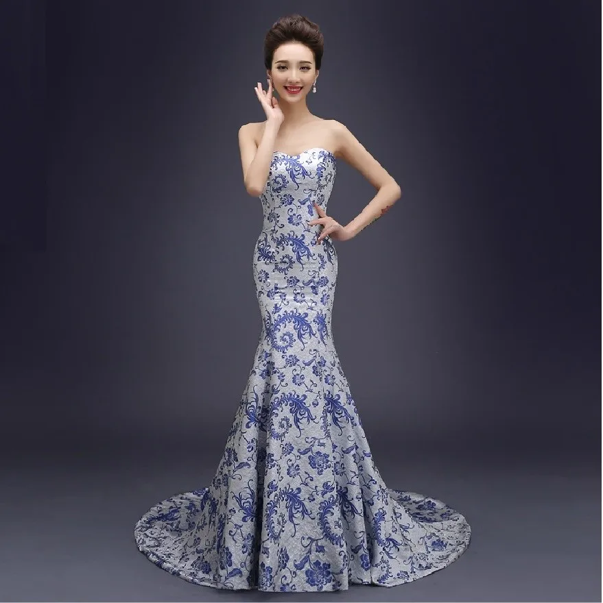 Для лета китайское традиционное платье Длинный дизайн женский костюм белого и голубого цвета в китайском стиле Cheongsam - Цвет: Синий