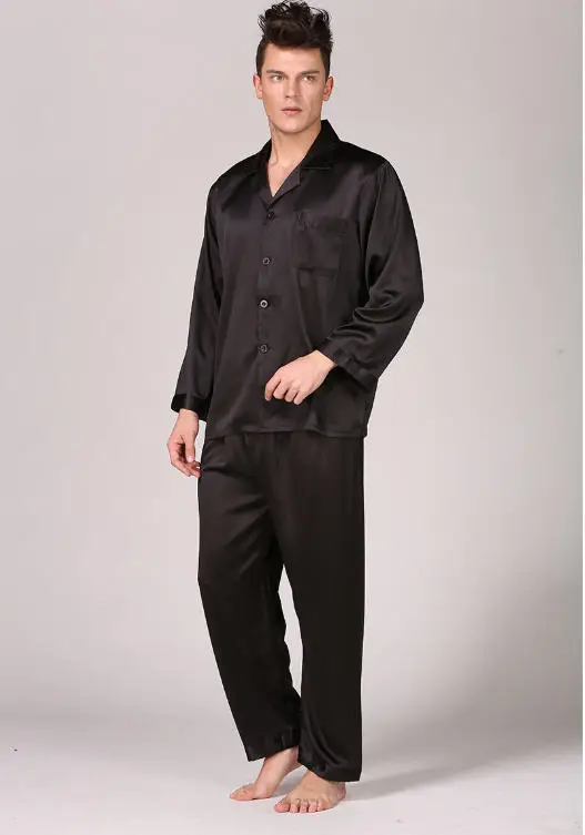 Для Мужчин's пятностойкий шёлк пижамный комплект Для мужчин шелковой пижамы, одежда для сна, одежда с длинным рукавом Домашняя одежда, пижамы, мягкая, удобная, атласная ночная рубашка; сезон весна - Цвет: black B